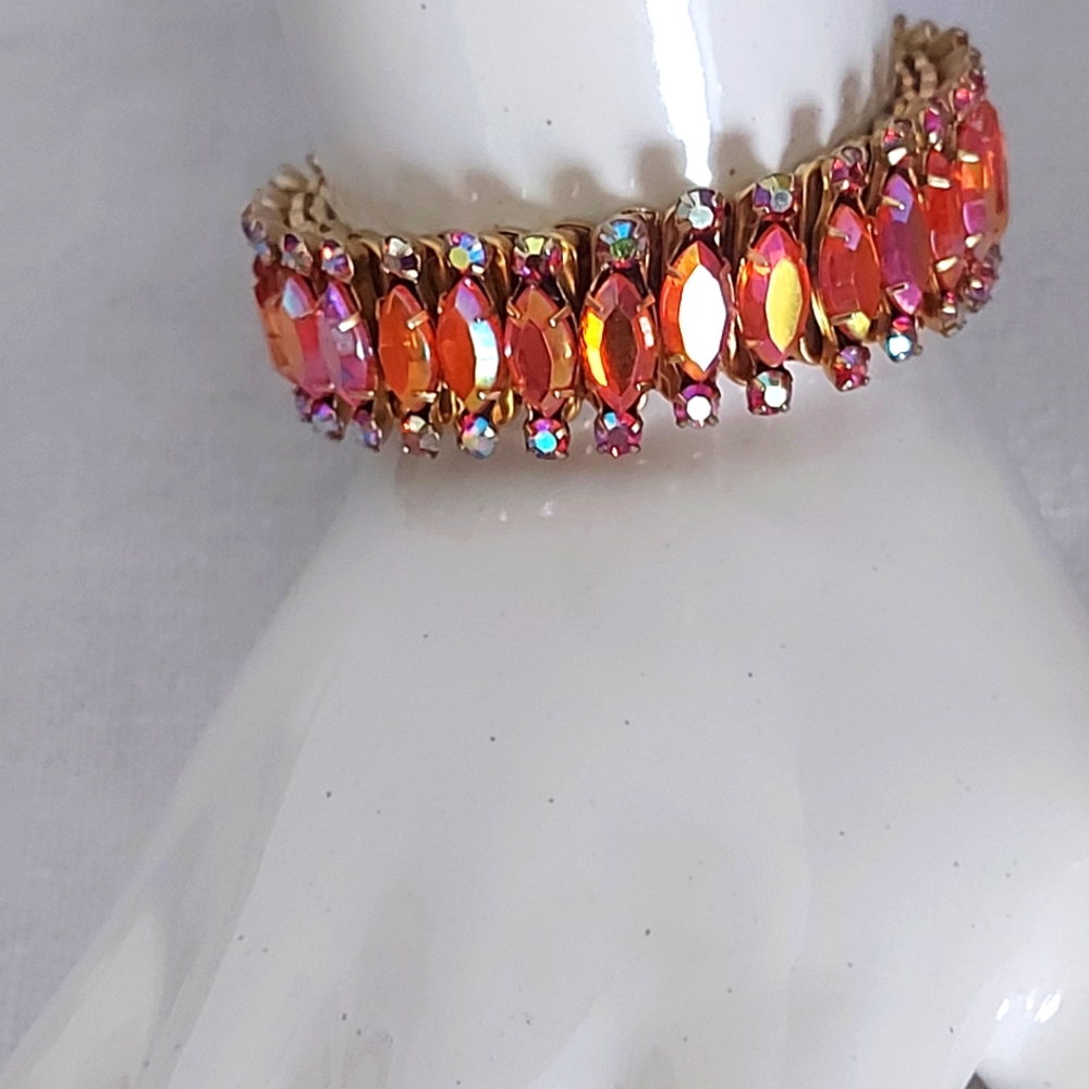 Stretch Bracelet, Vintage 1950’s, Peach Rhinestone Bracelet, Aurora Borealis